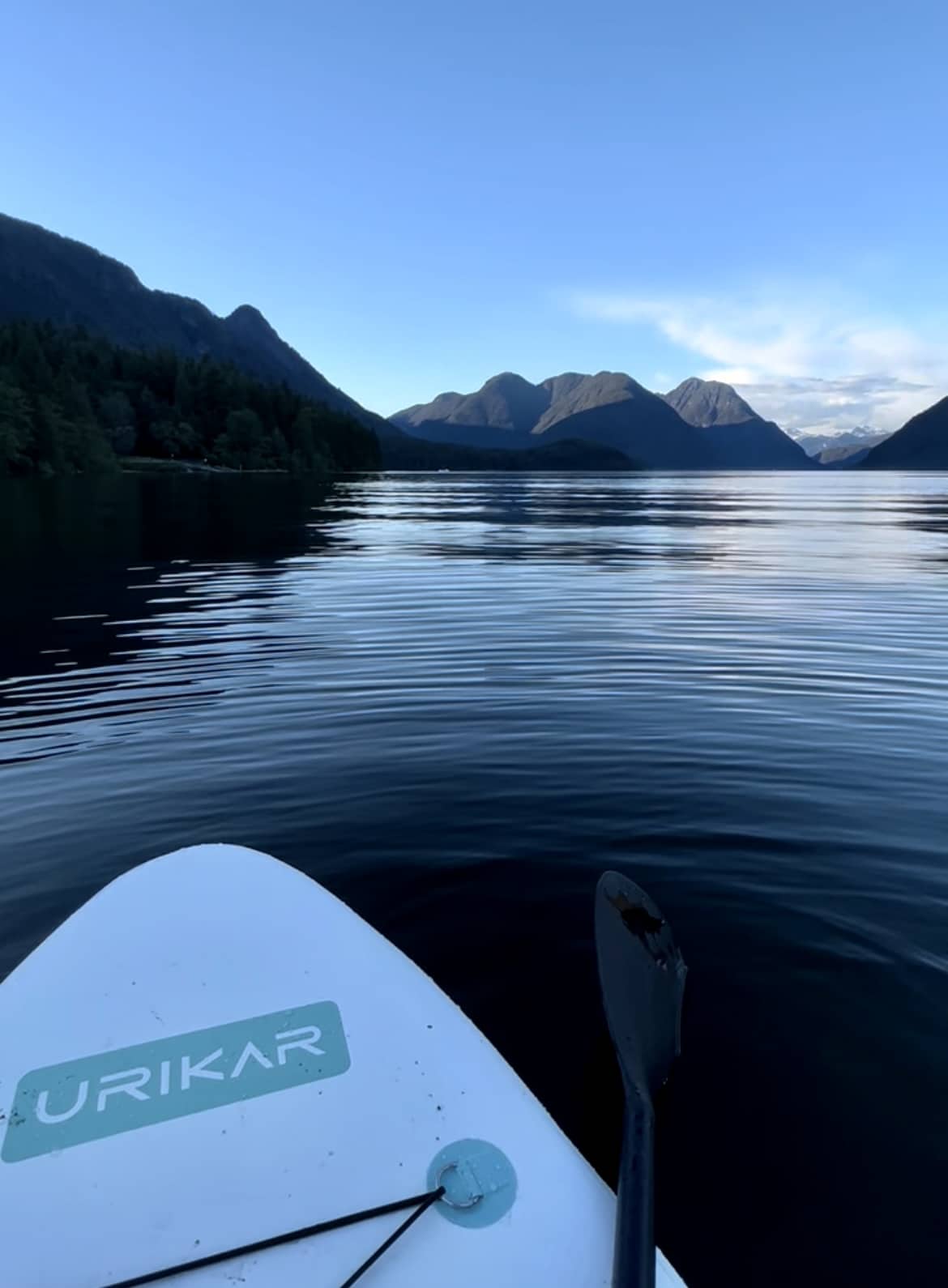 alouette lake, paddle board on the water with mountains 